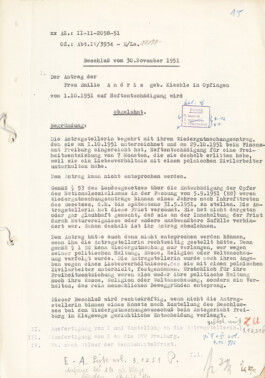 Ablehnung des Entschädigungsantrags von Emilie Andris, 30. November 1951 trotzdem da! Ein Projekt der Gedenkstätte Lager Sandbostel, 2024