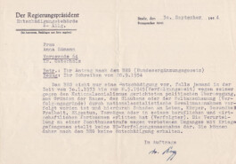 Ablehnung eines Antrags Anna Sämanns auf Entschädigung für die erlittene Haftstrafe, 30. September 1954 trotzdem da! Ein Projekt der Gedenkstätte Lager Sandbostel, 2024