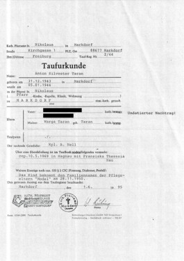 Taufurkunde von Anton, Auszug aus dem Taufregister, 1. Juni 1995 trotzdem da! Ein Projekt der Gedenkstätte Lager Sandbostel, 2024