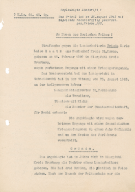 Urteil gegen Frieda Raatz aus Marienhof in Pommern, 25. August 1943 trotzdem da! Ein Projekt der Gedenkstätte Lager Sandbostel, 2024