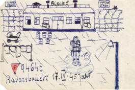 Zeichnung des Mutter-Kind-Blocks von Helena Łekowska, 17. April 1945 trotzdem da! Ein Projekt der Gedenkstätte Lager Sandbostel, 2024